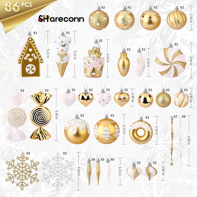 SHareconn 86pcs Christmas Tree Balls Ornaments, Shatterproof Plastic Decorative Baubles for Christmas Tree Decorations, Holiday Wedding Party Decoration, Festive Ornaments,White Gold - Image 2